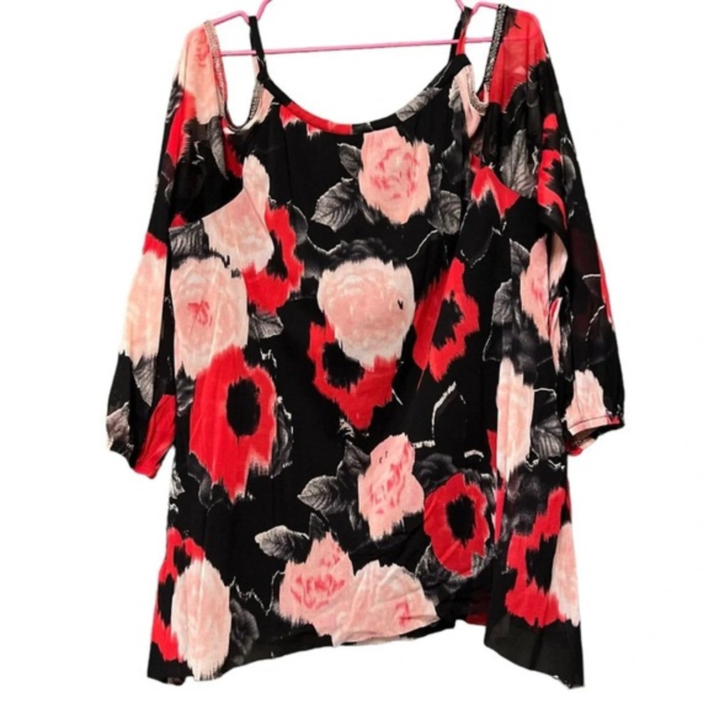 INC International Concepts  red & pink floral design longsleeve top, 2X